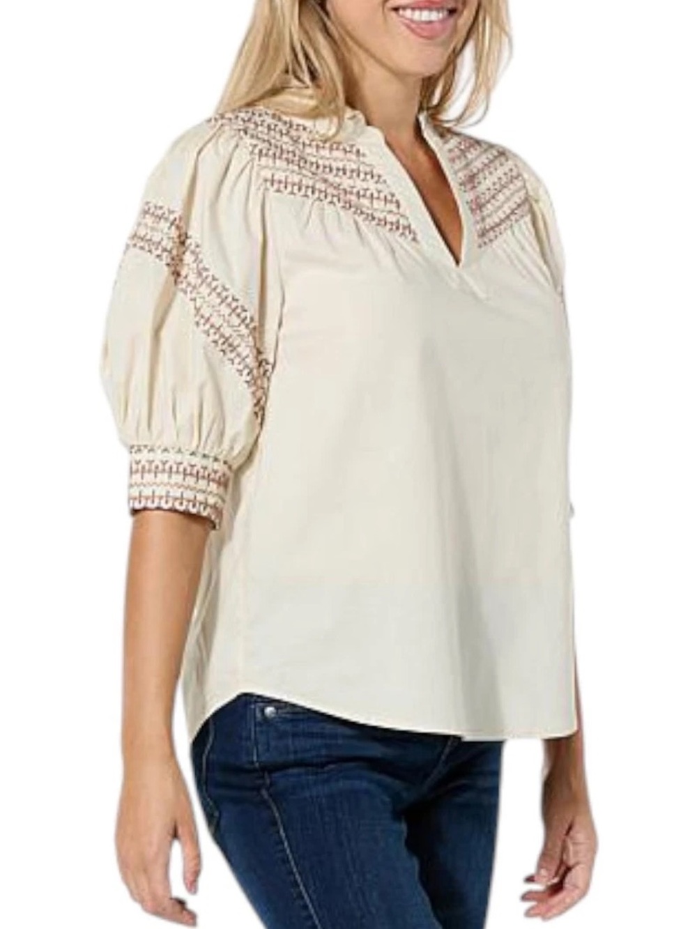 NWT SIZE 1X Democracy Cream Embroidered Split V-Neck Puff Sleeve Tunic